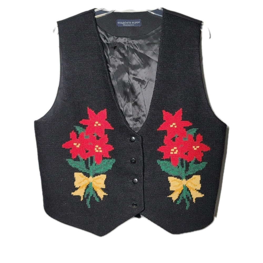 Vintage Eagles Eye Vest Womens Lg Black Wool Needlepoint Christmas RedPoinsettia